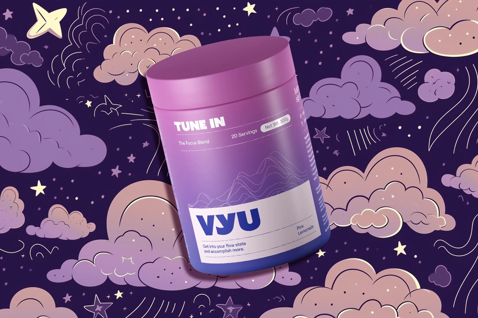 A 300gm purple colour VYU TUNE IN container with Pink Lemonade flavor sits against a backdrop of multi colour clouds, stars, and violet sky