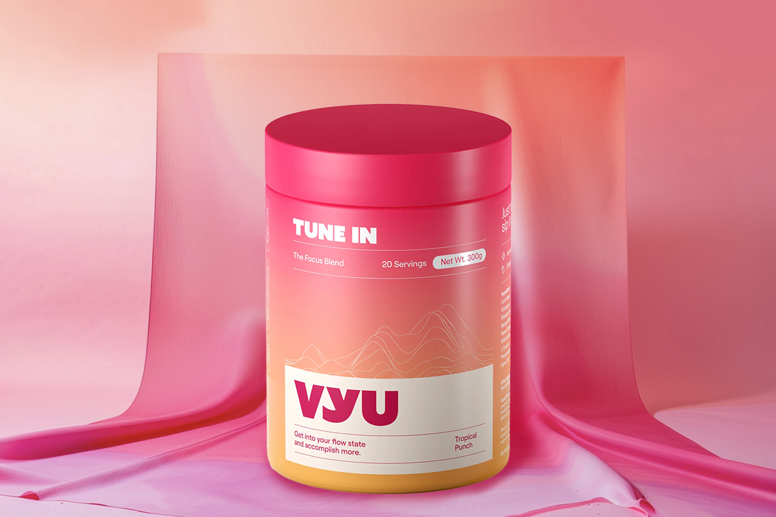 A VYU Tune In container with Tropical Punch flavor placed against a pink-colored background