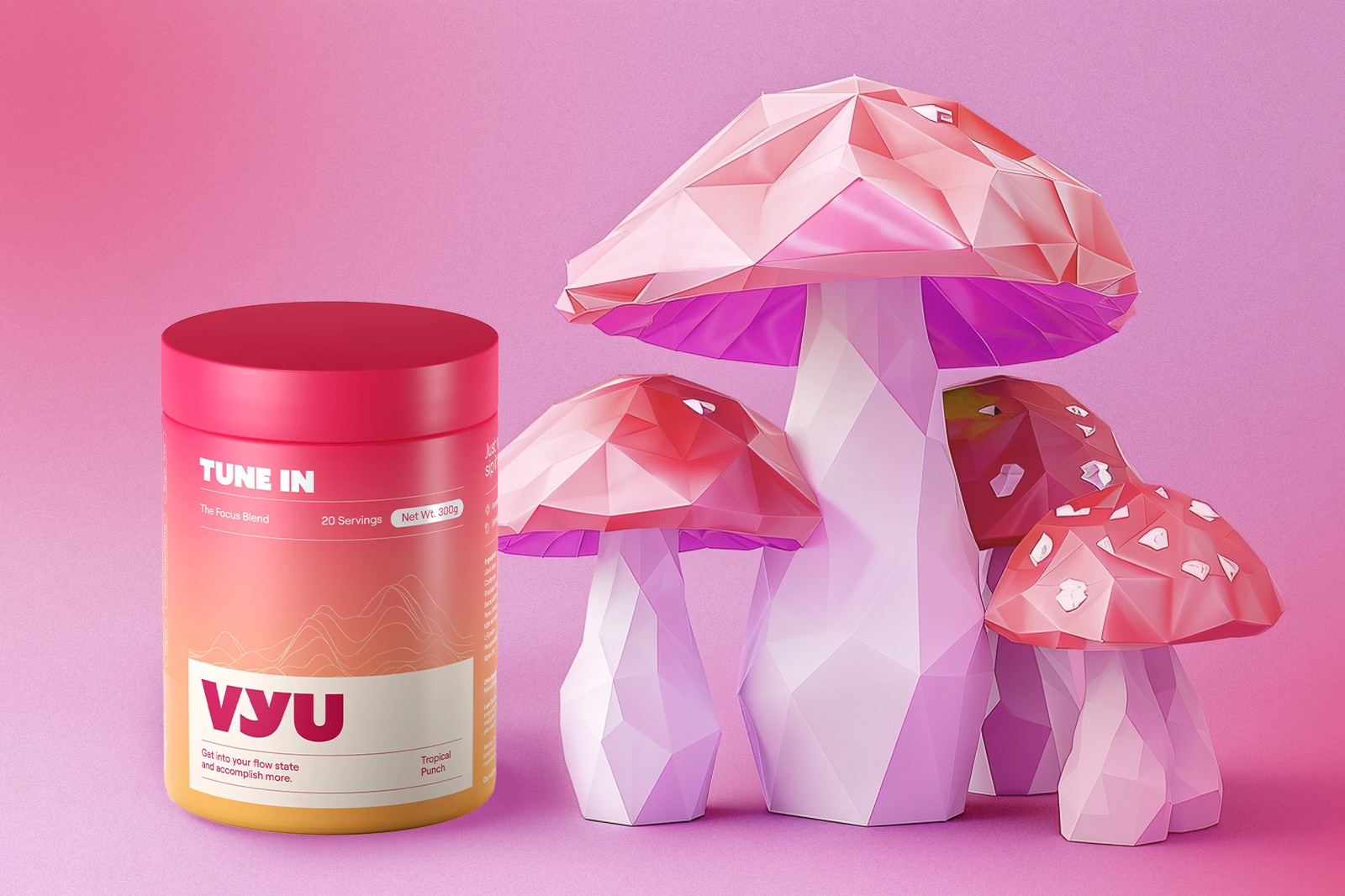 On a pink background, the VYU TUNE IN container featuring Tropical Punch flavor sits alongside pink-colored mushrooms