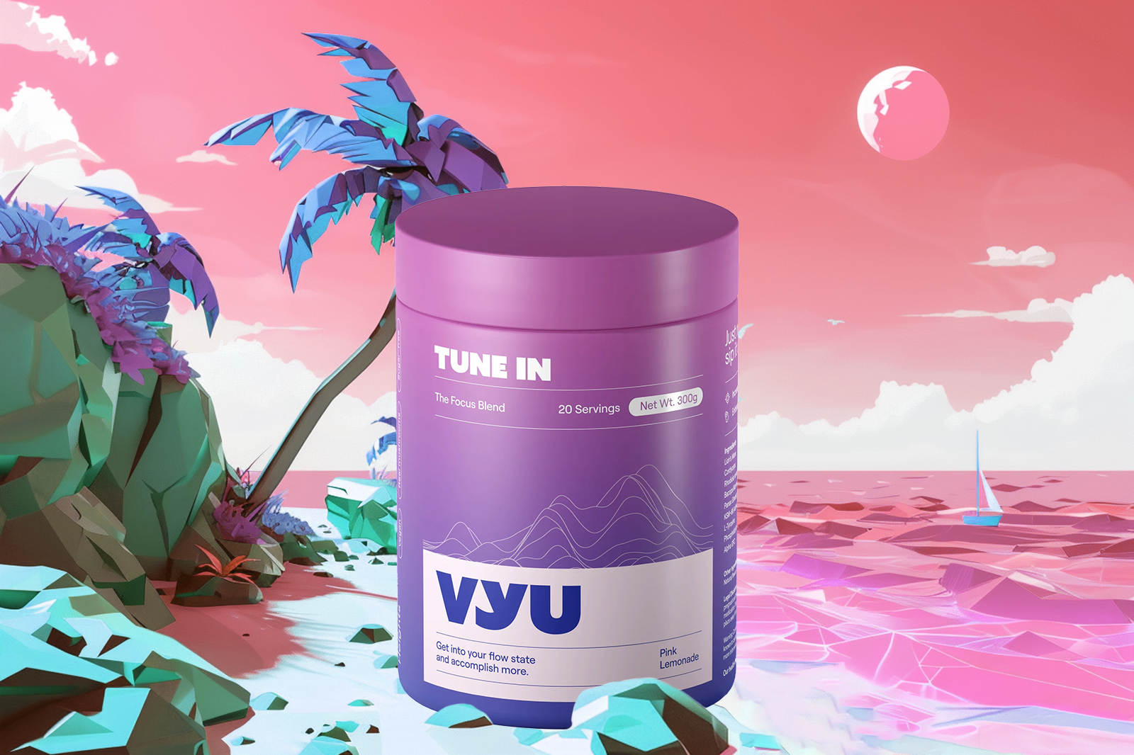 A VYU TUNE IN container with Pink Lemonade set against a scenery of a sea beach along with a coconut tree