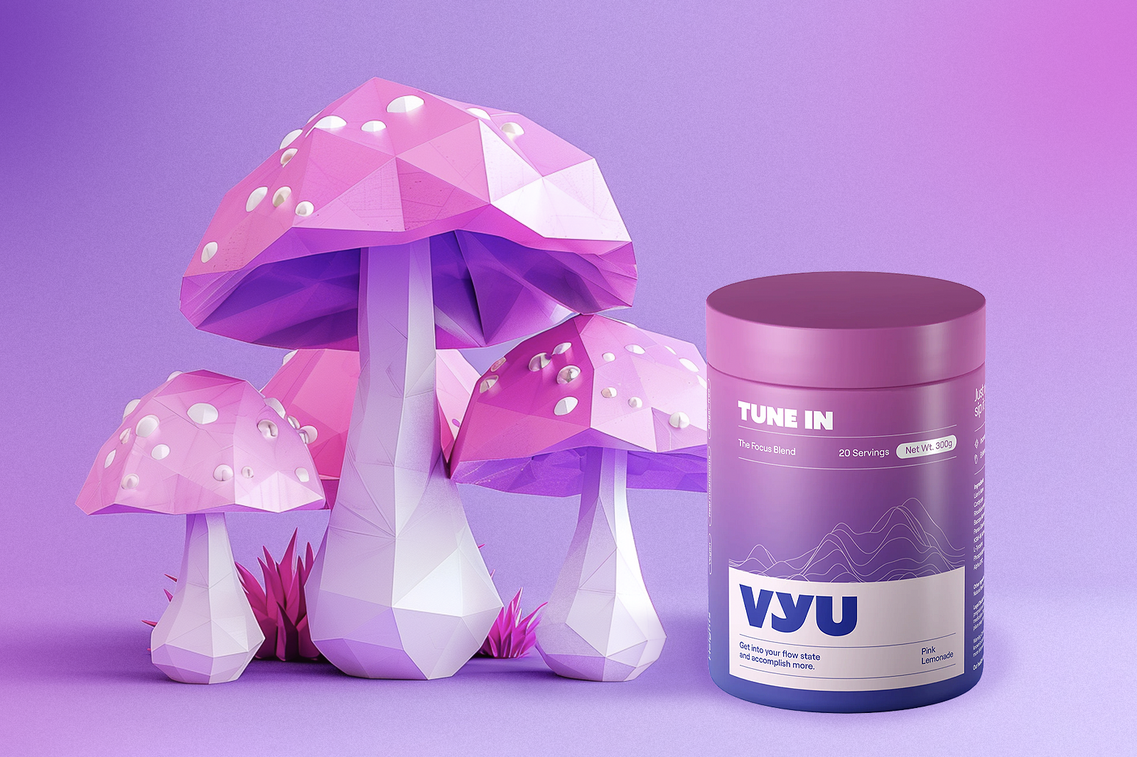 A VYU TUNE IN container with Pink Lemonade flavor is set against a purple background, along with some mushrooms