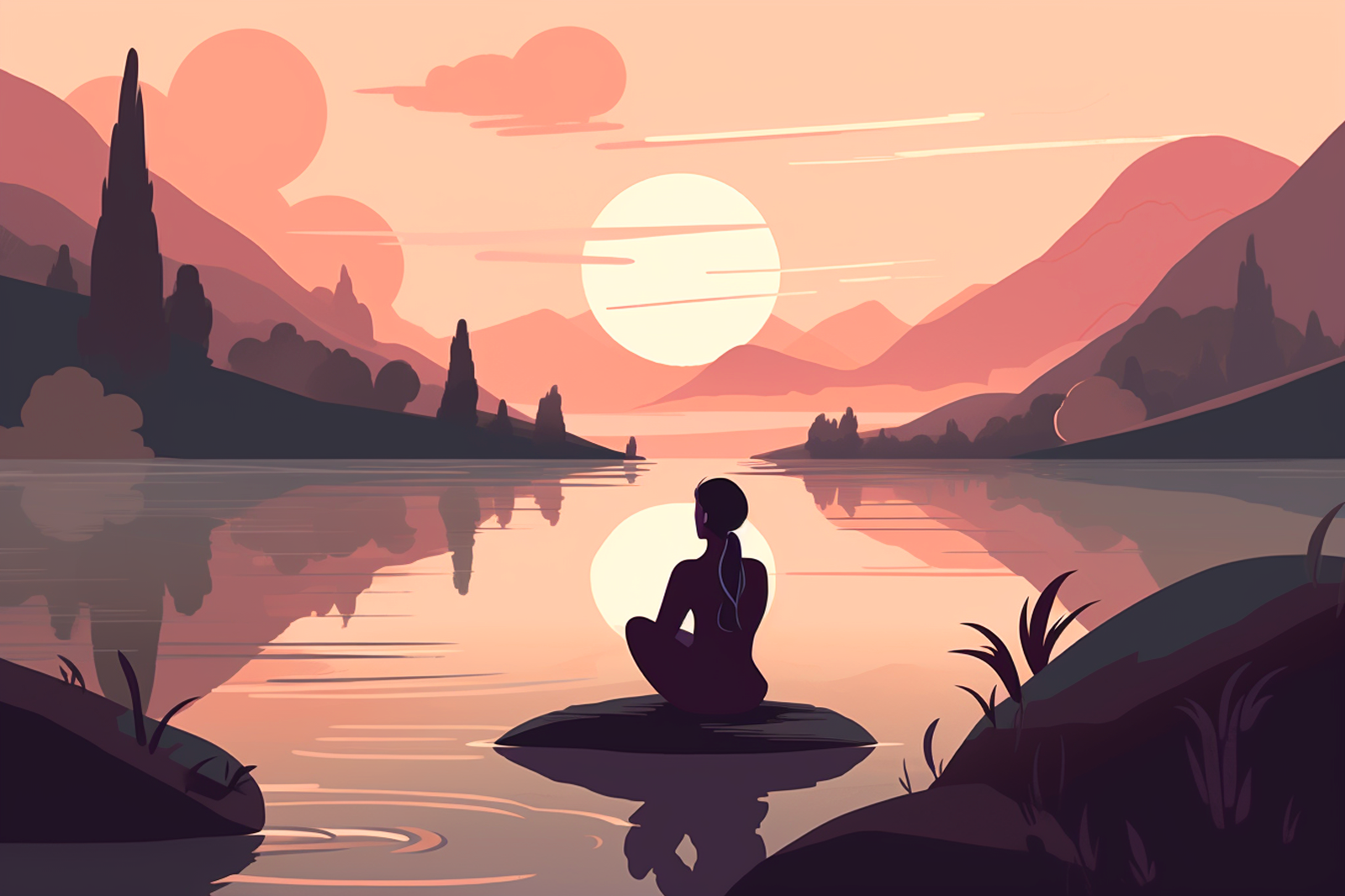 Drawing of a woman practicing yoga on a rock in a lake.