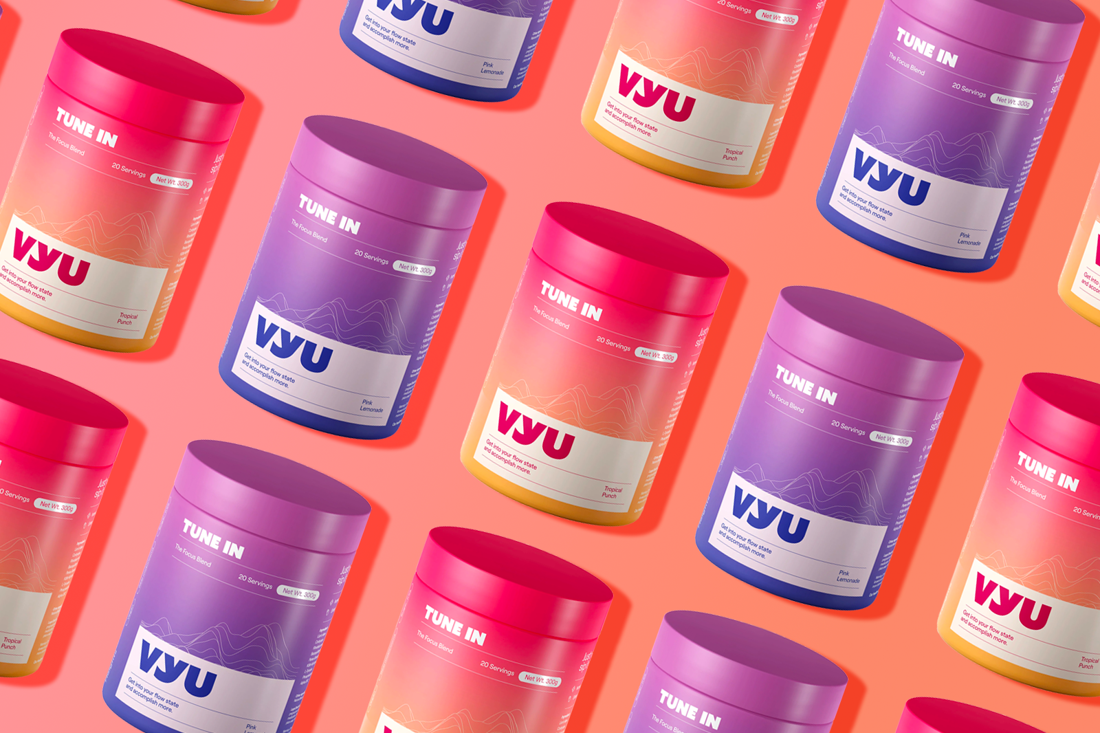 Multiple VYU TUNE IN 300g containers featuring Pink Lemonade and Tropical Punch flavors, set against a peach-colored background