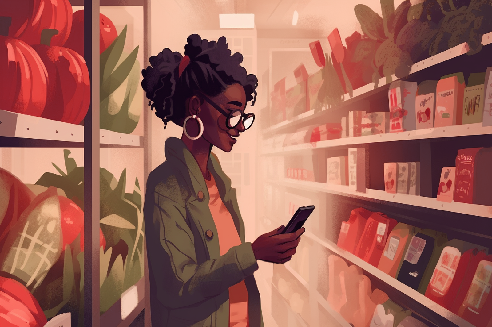 Ilustration of a woman looking at her phone in a grocery store.