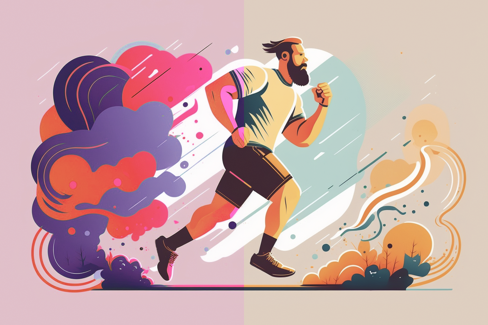 An illustrated man with beard joyfully sprints forward on a vibrant, multicolored background with shades of blue, purple, pink, and orange
