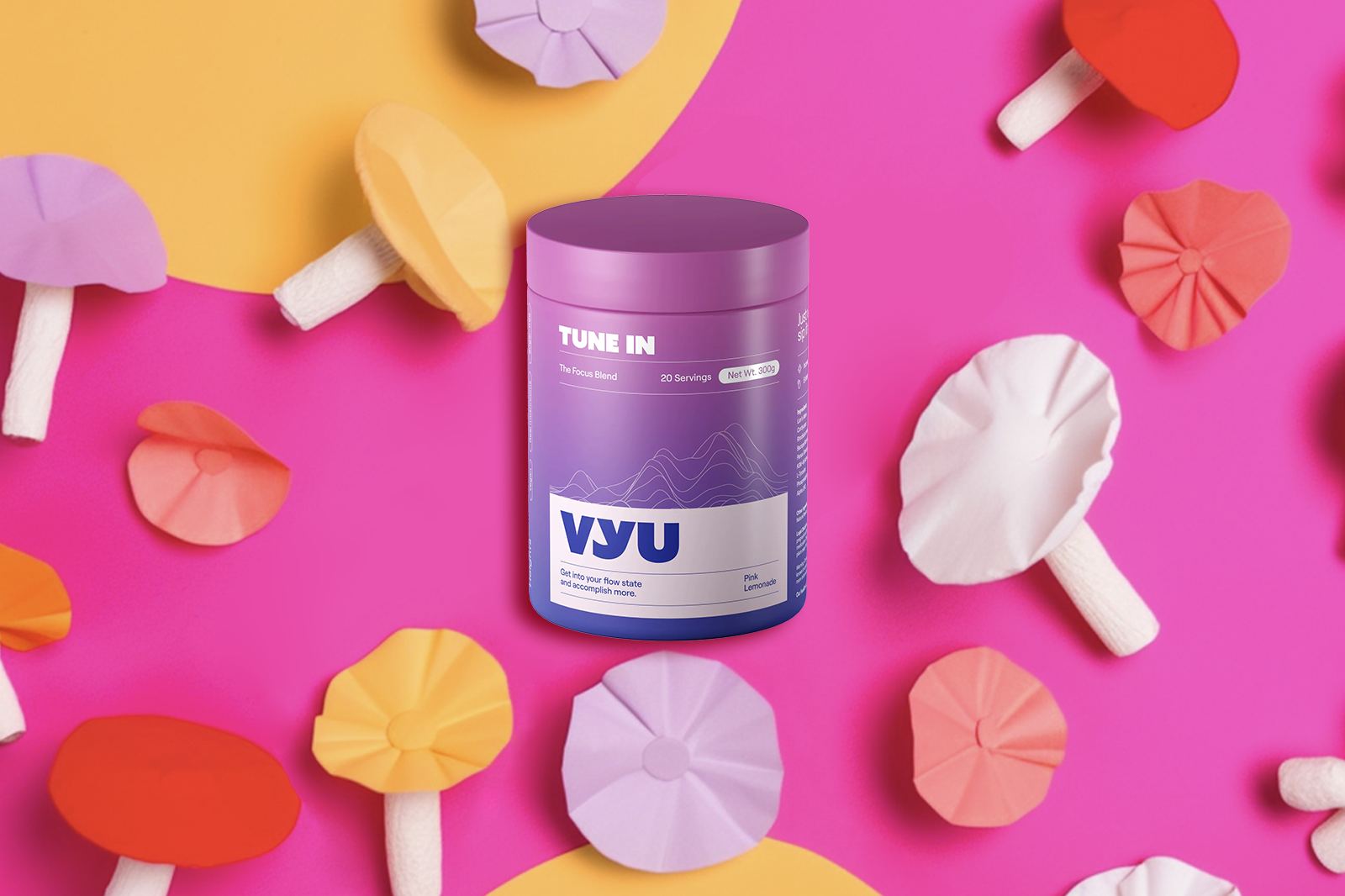 A purple 300g container of VYU Tune In with Pink Lemonade flavor