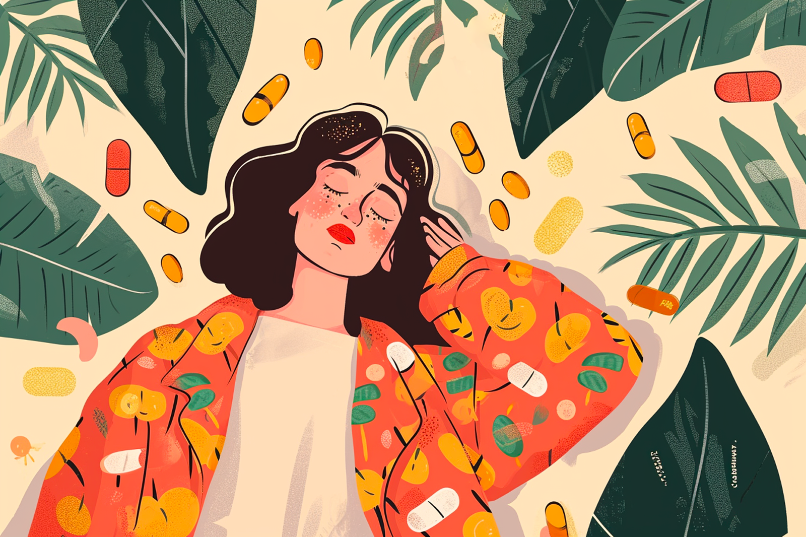 Woman stressed, surrounded by vitamins and plants in a painted image