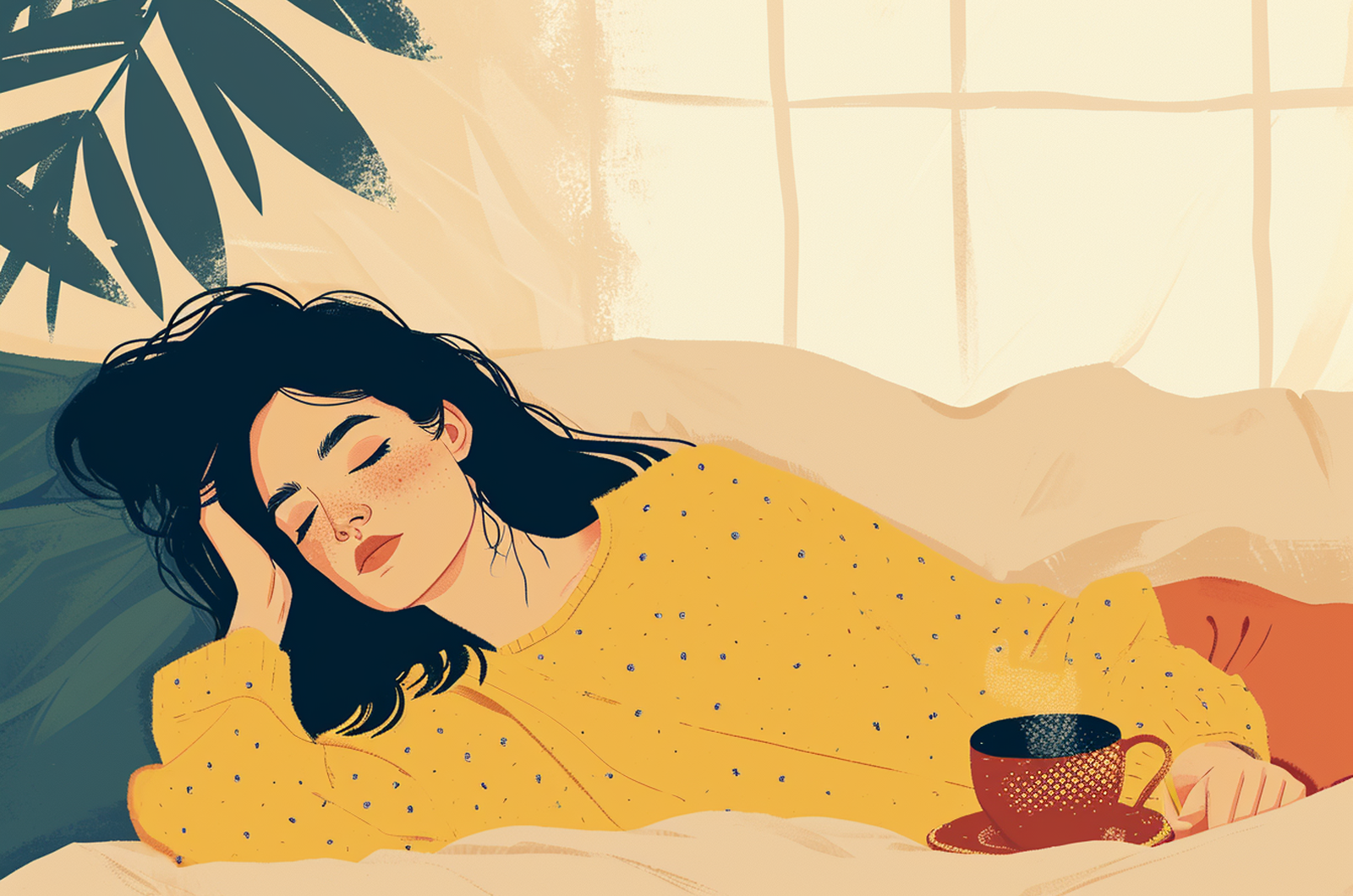 Peaceful woman asleep in bed with a comforting hot drink by her side