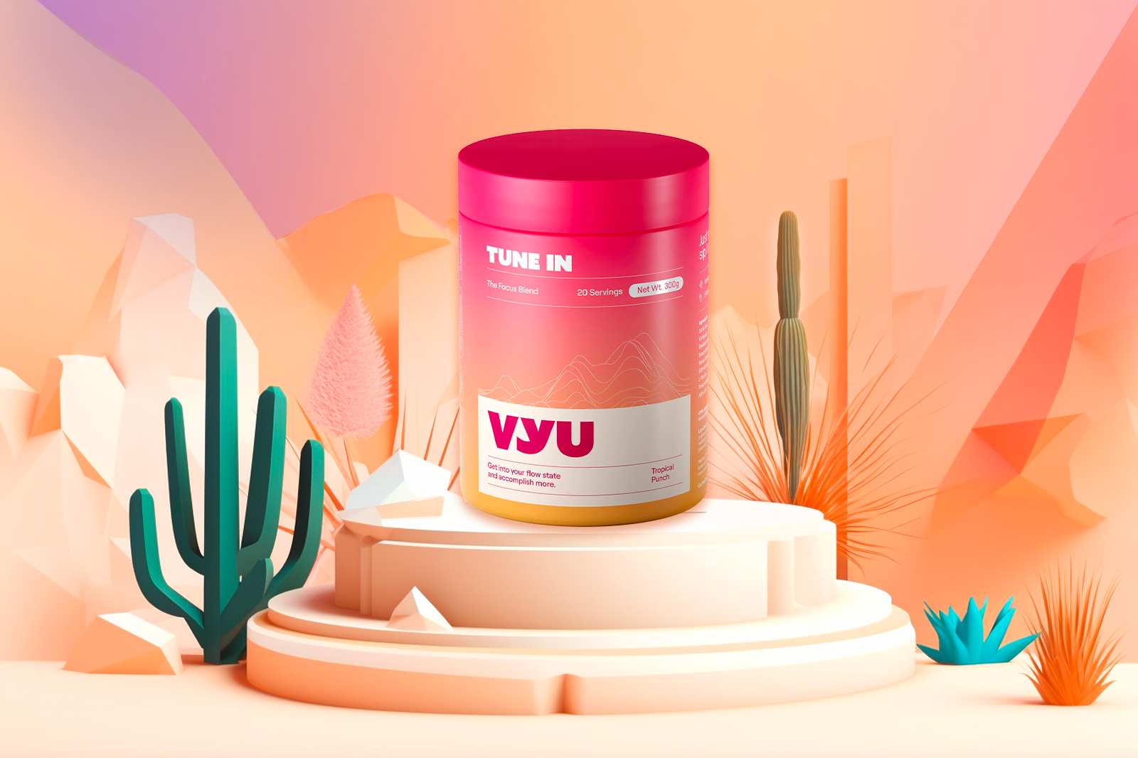 A container of VYU TUNE IN with Tropical Punch flavor is placed against a desert backdrop