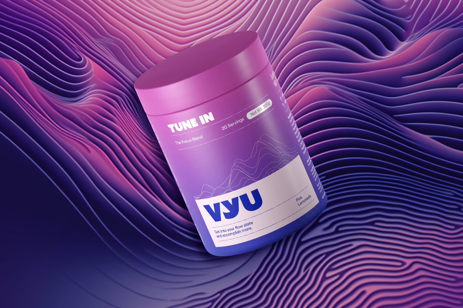 A bottle of 300mg VYU TUNE IN with Pink Lemonade flavor laid on a pink and violet colored surface