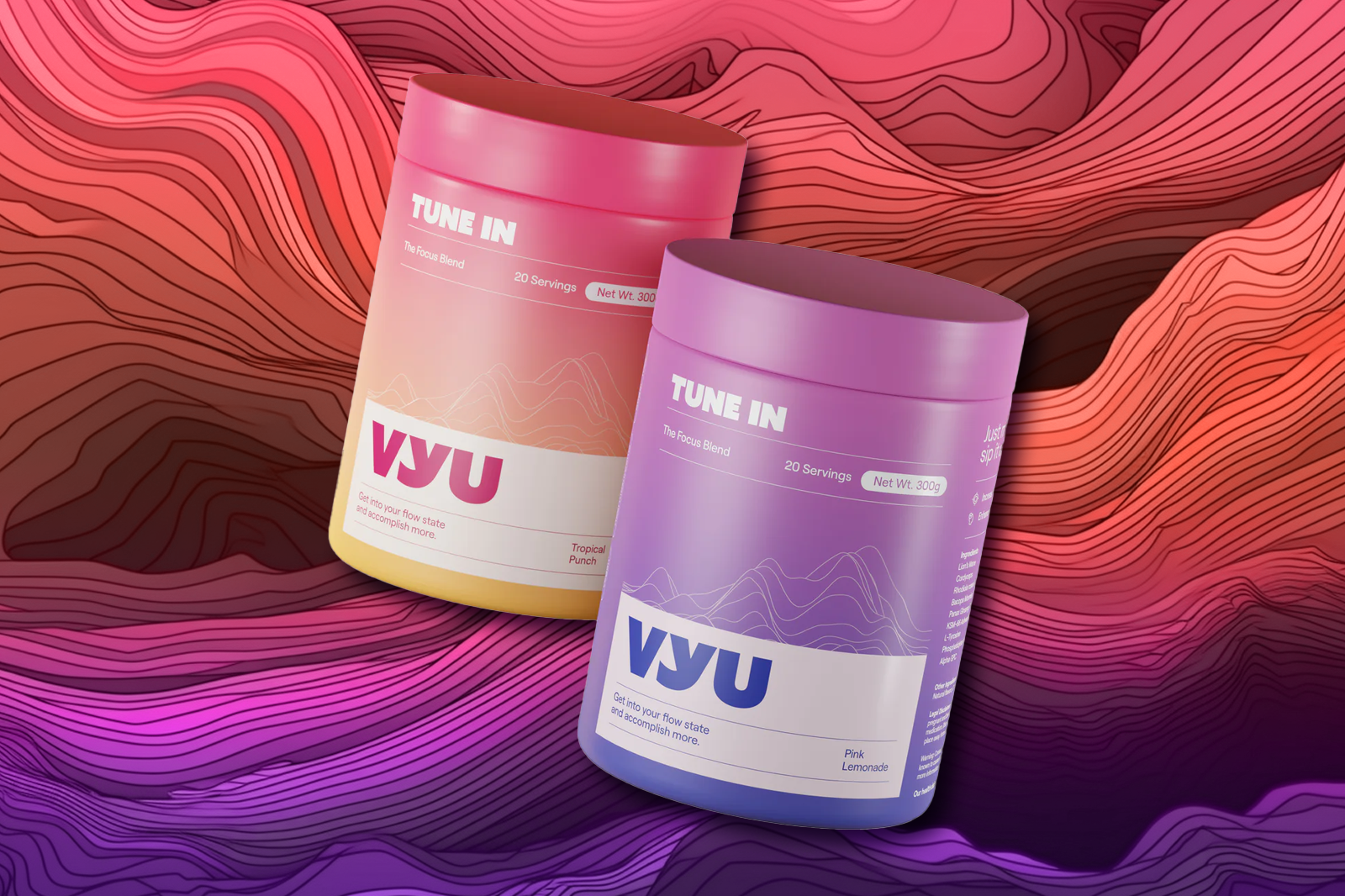 Two VYU TUNE IN containers in Pink Lemonade and Tropical Punch flavors placed against a multi-colored background