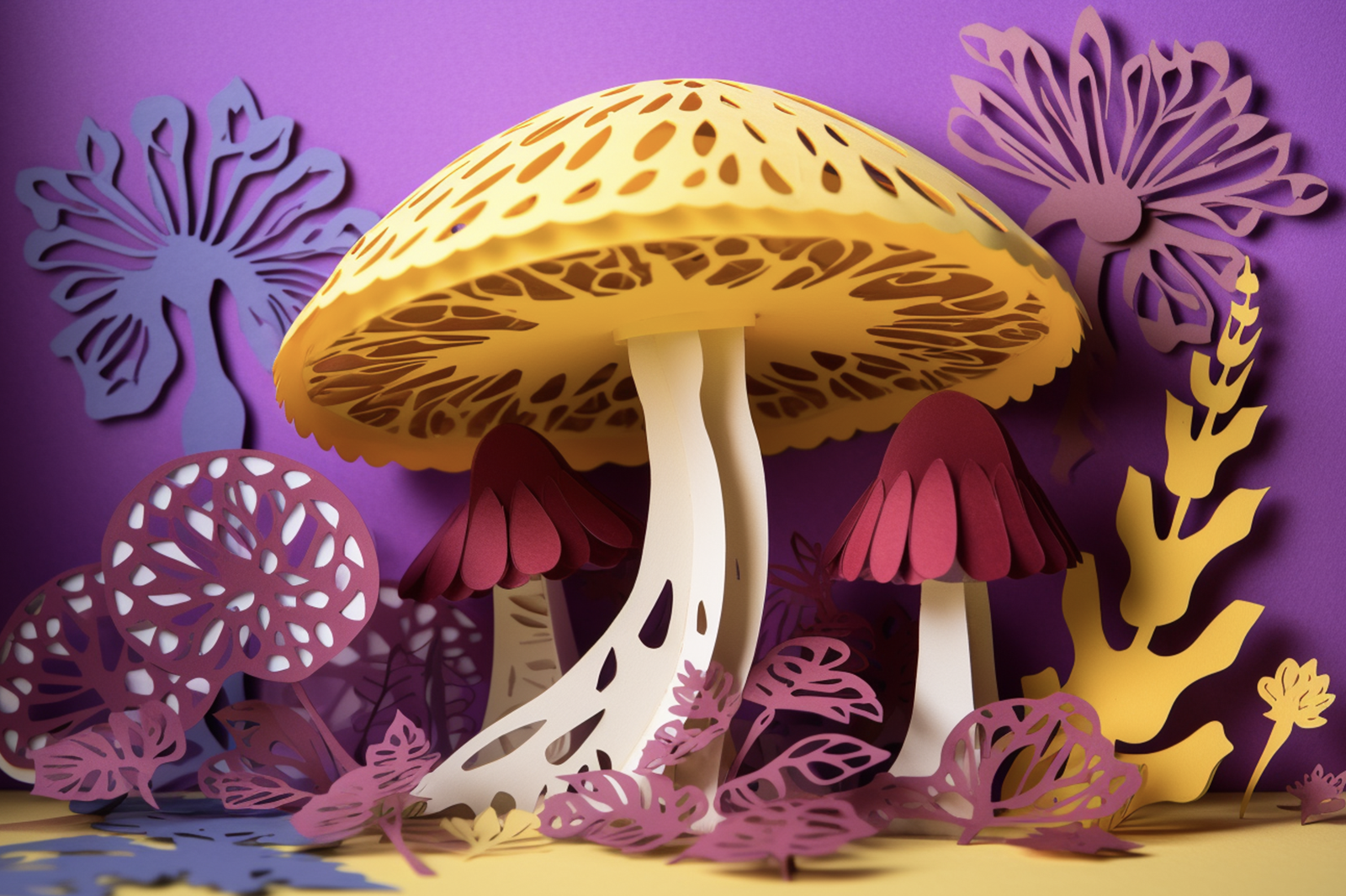 Large yellow 3D paper mushroom with small pink mushrooms and colorful leaf on purple background
