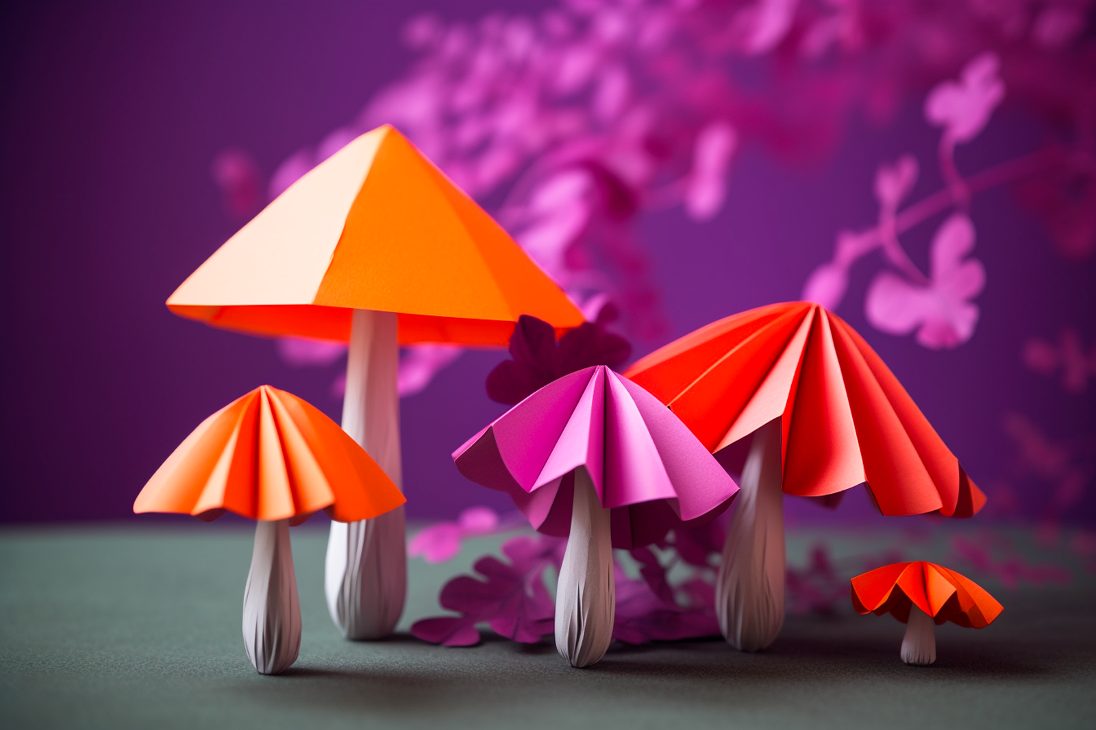 Assorted multicolored mushrooms arranged on a gray surface, set against a stunning purple background featuring a tree in matching purple hues