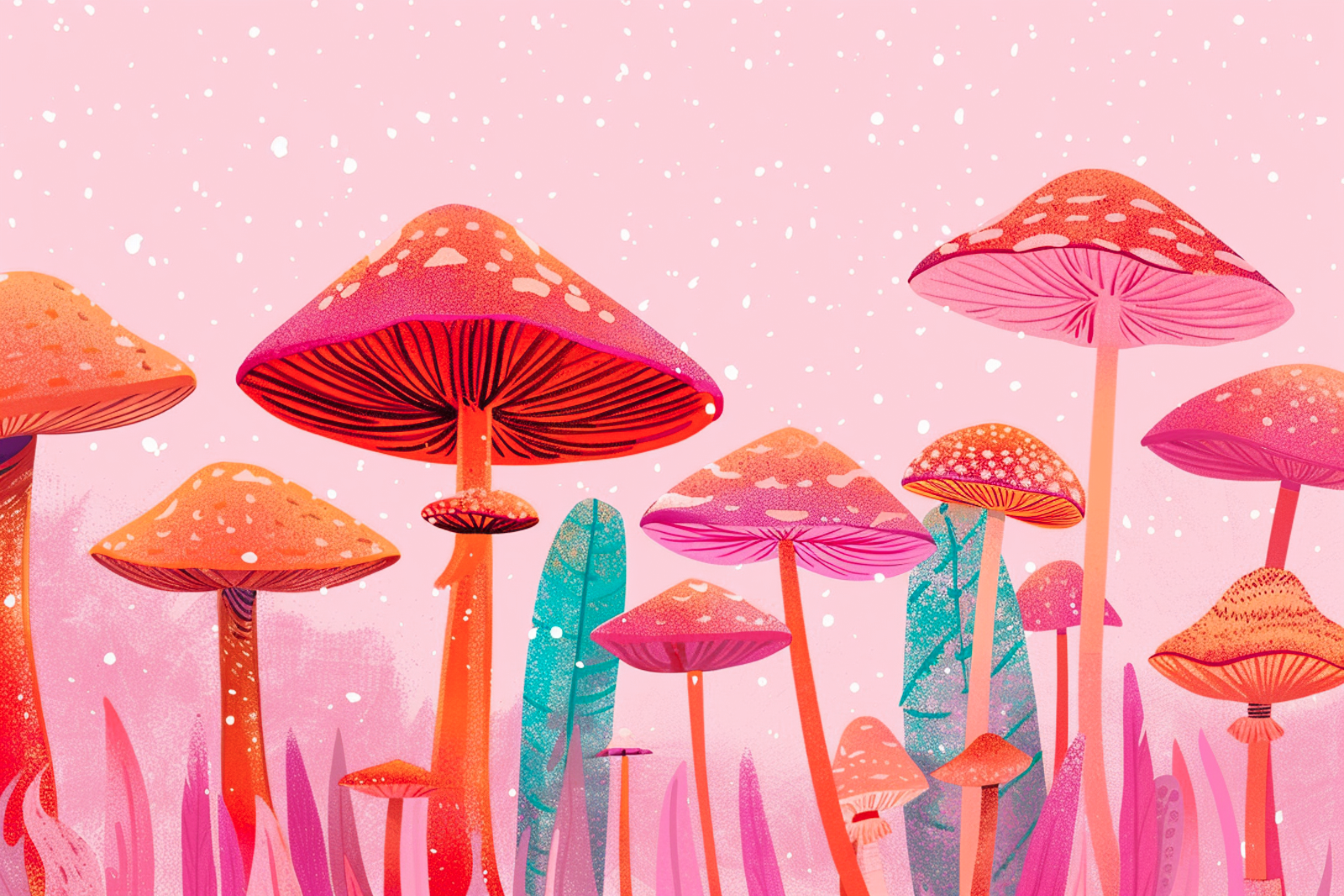 Illustration of a field with multicolored mushrooms.