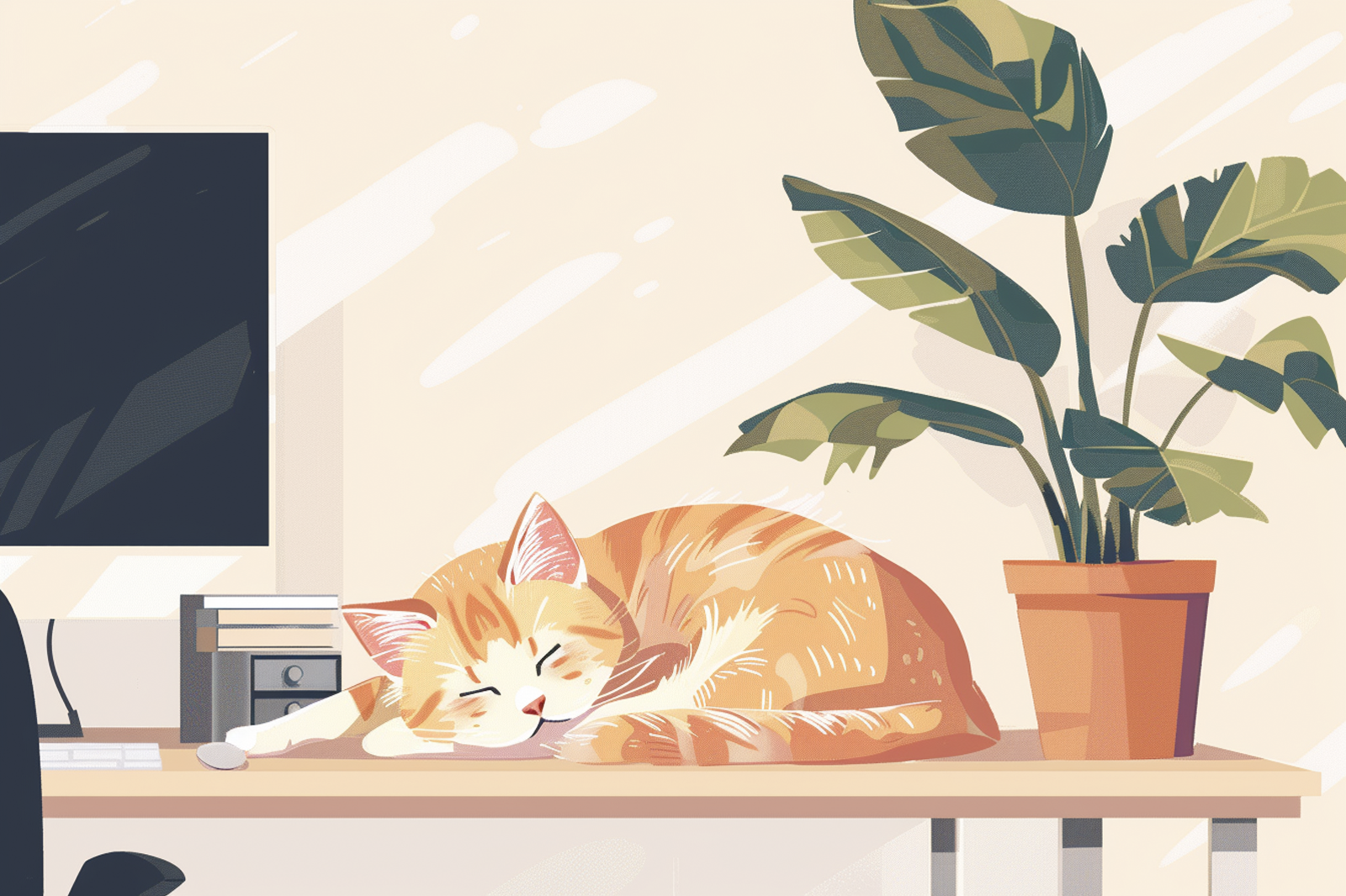 An adorable cat peacefully napping on a table, framed by a TV on one side and a potted tree on the other