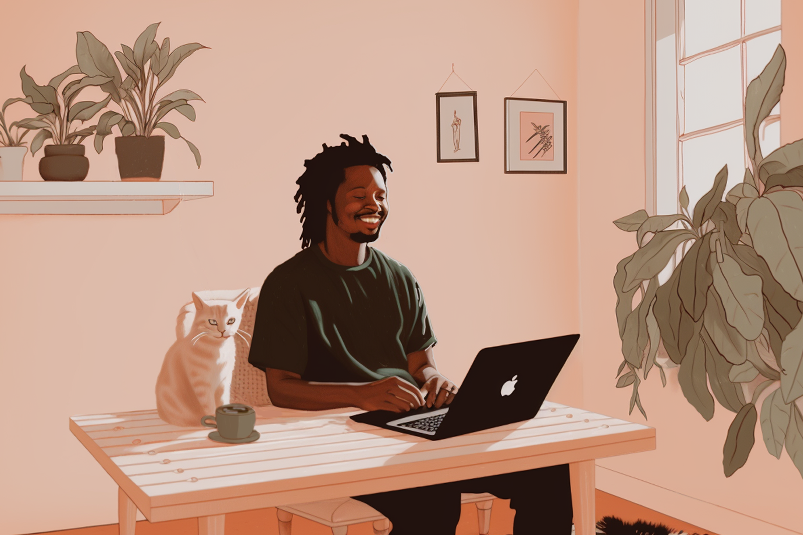 Man on chair with laptop, coffee mug, and a cat on the table in a room