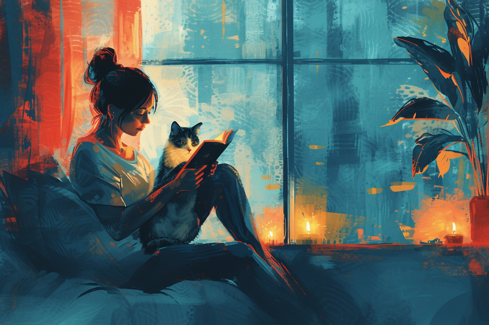 A woman engrossed in a book, accompanied by her cozy cat, in a softly lit room with candles