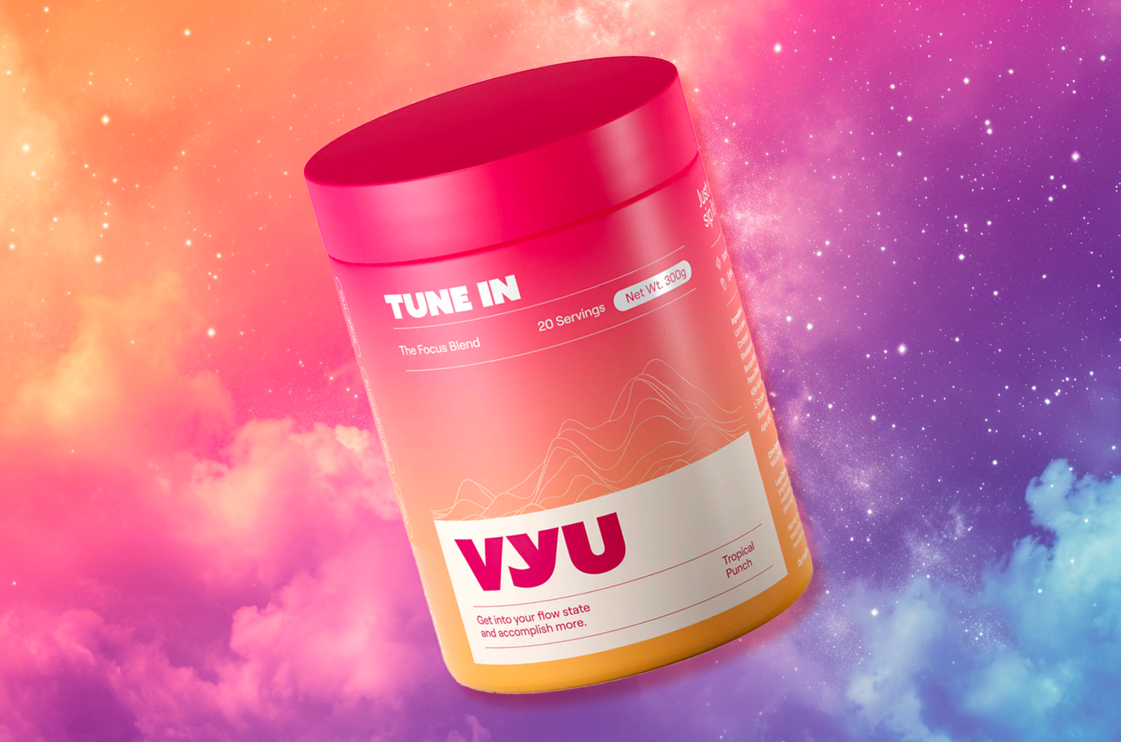 A container of VYU TUNE with Tropical Punch flavor placed against a multicolored background