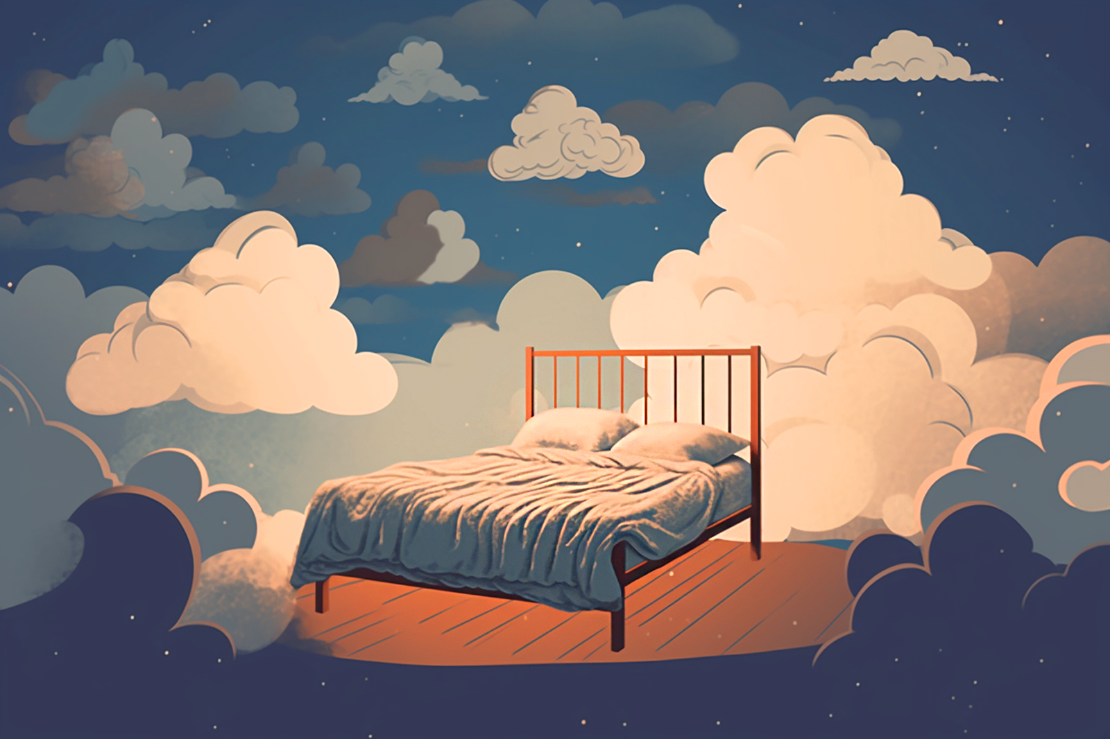 A surreal image of a bed suspended in mid-air, surrounded by stars, white clouds, and a serene blue sky in a fantasy setting
