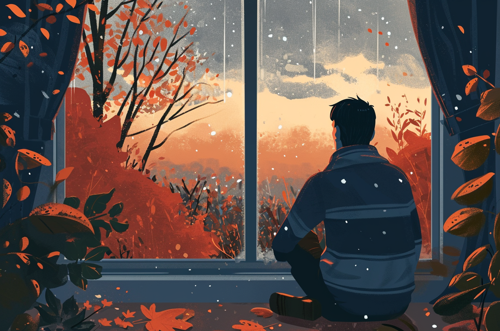 A man sits in front of a window, enjoying the natural scenic beauty