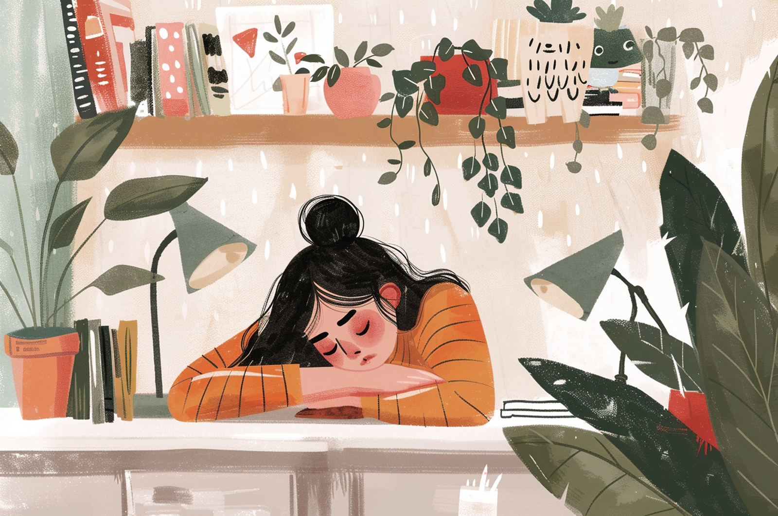 A lady is sleeping on the table surrounded by books and small trees