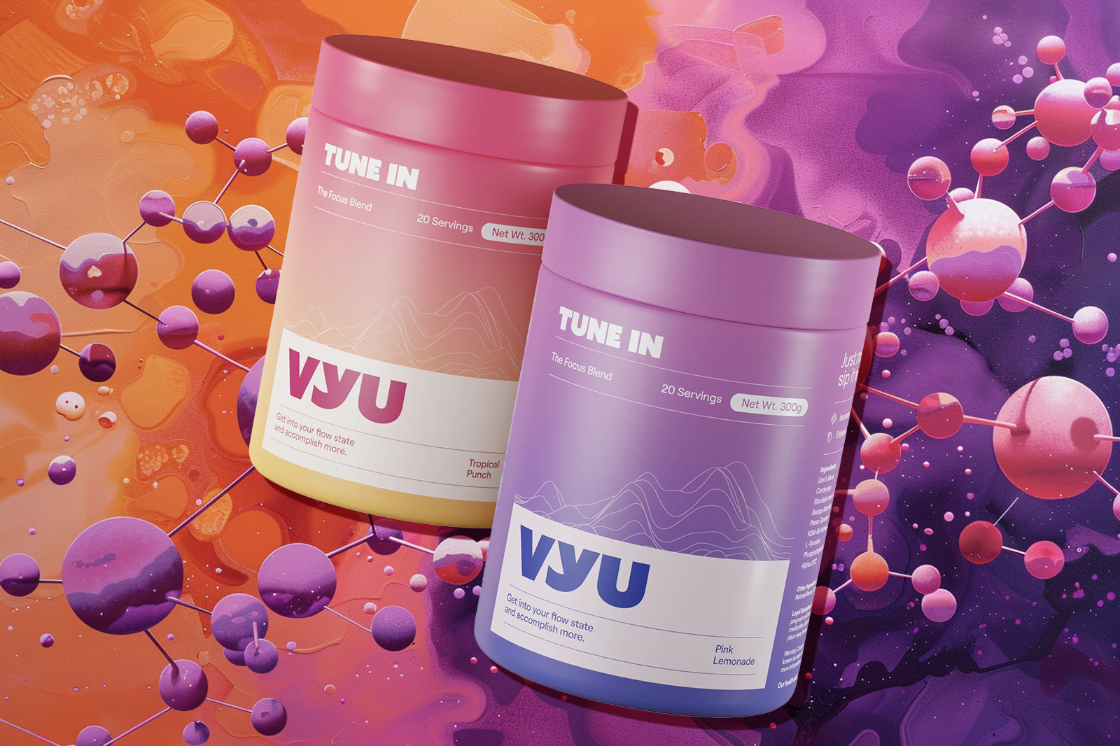 Two different flavors of VYU TUNE IN containers placed against a colorful molecular background