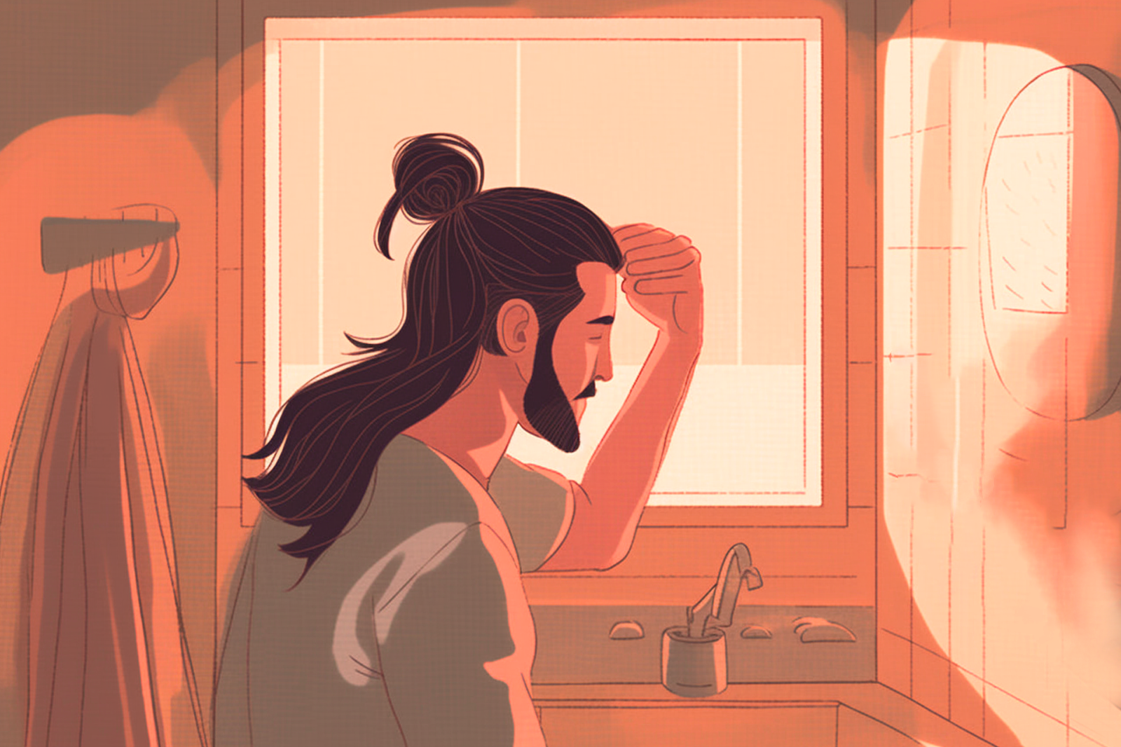 Man in bathroom, touching his rapidly growing long hair with his hand